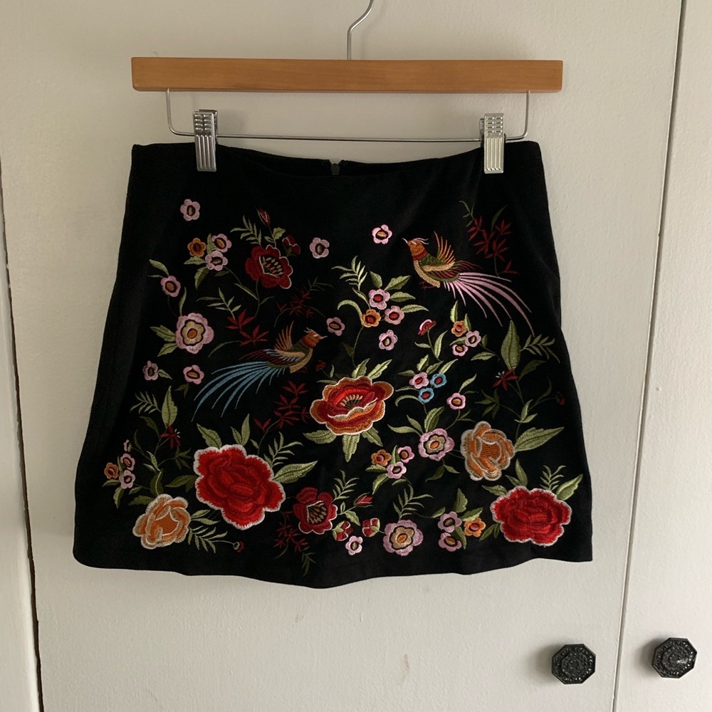 Embroidered faux suede mini skirt